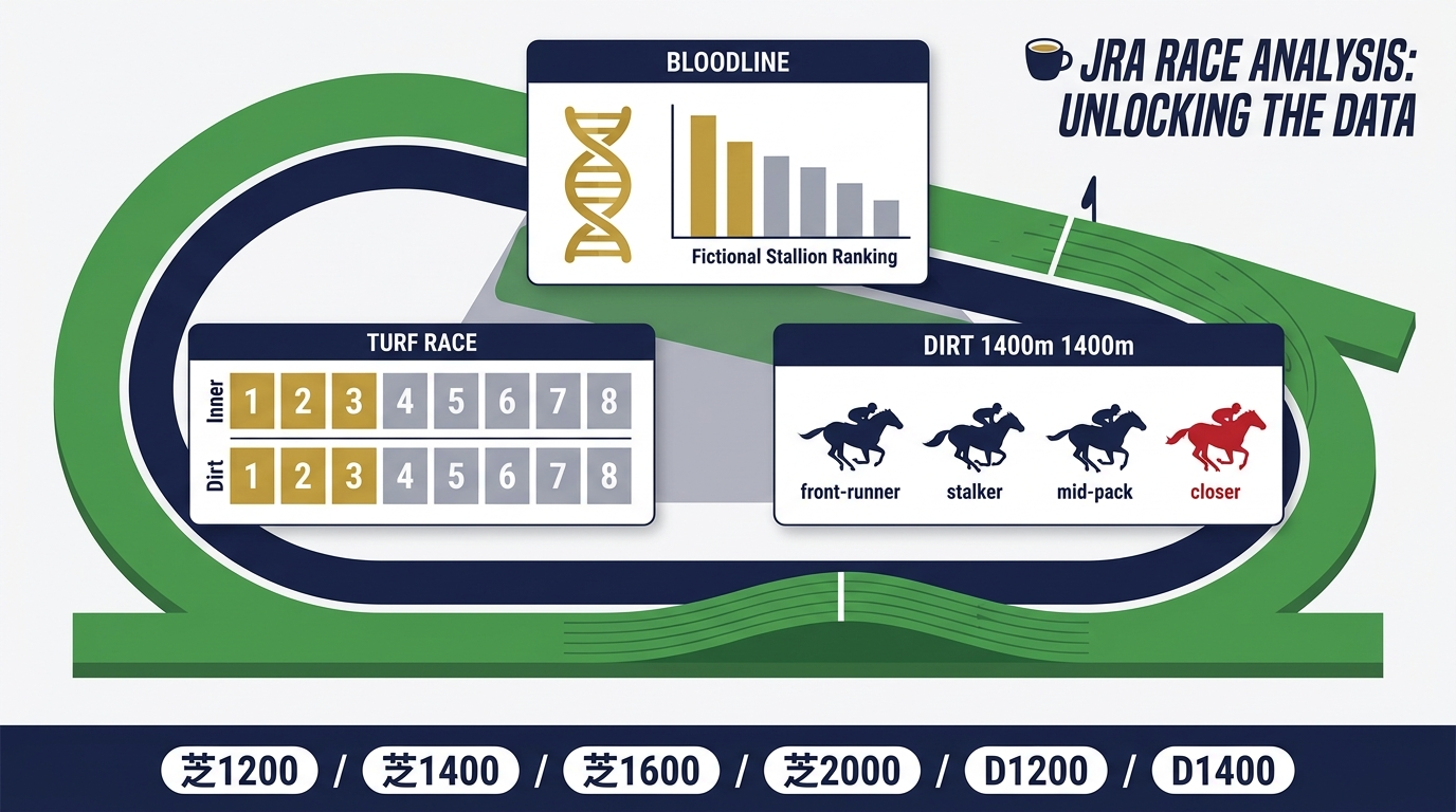 中京競馬場のコースを俯瞰したイラスト。中央にゴール前急坂を持つ左回りトラック、左上に血統（種牡馬）ランキングの棒グラフパネル、右上に枠順1〜8番の有利・不利をカラーで示したグリッドパネル、下部に逃げ・先行・差し・追込の4脚質シルエットパネルが配置されている。芝コースは内枠ゴールド、ダート1400mは差し脚質がアクセントレッドでハイライトされており、距離別バッジ（芝1200〜芝2000・D1200・D1400）が下部に並ぶ。