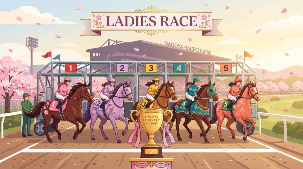 名古屋競馬「気品な乙女特別」C1牝馬戦のイメージイラスト。春の競馬場に並ぶ5頭の牝馬と桜の花びら。2026年3月2日予想記事のヘッダービジュアル。
