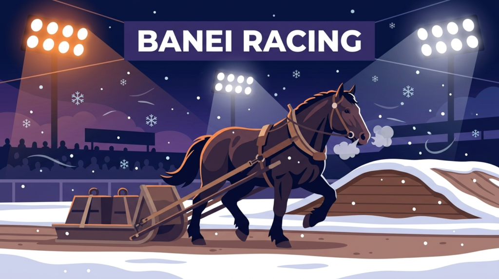 夜の帯広競馬場で重いソリを引くばんえい馬のイラスト。深雪特別B1戦・2026年3月2日予想記事のヘッダービジュアル。