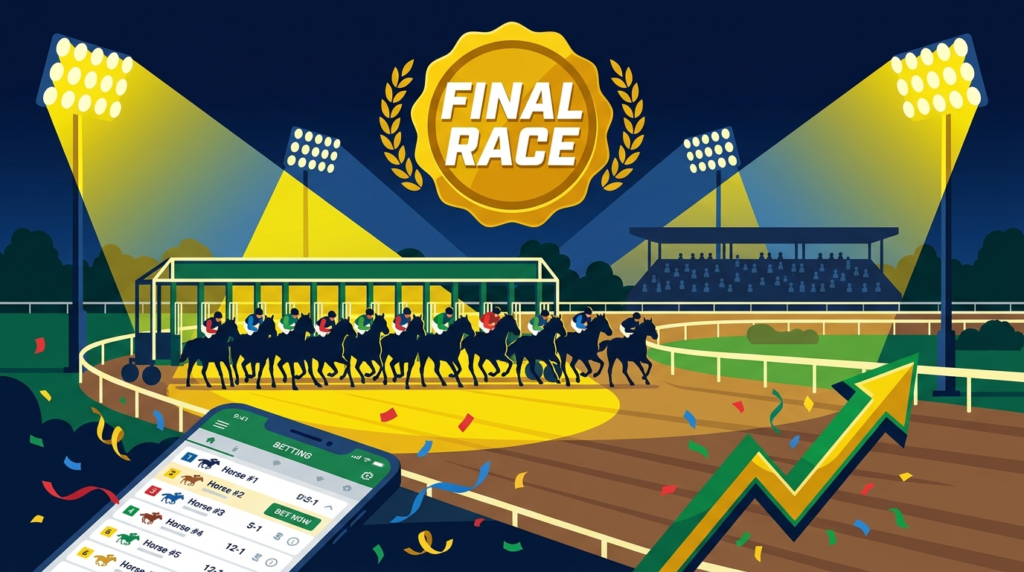夜の競馬場でゲートに並ぶ馬のシルエットと「FINAL RACE」バッジのイラスト。2026年3月3日高知競馬ファイナルレース予想記事のヘッダービジュアル。