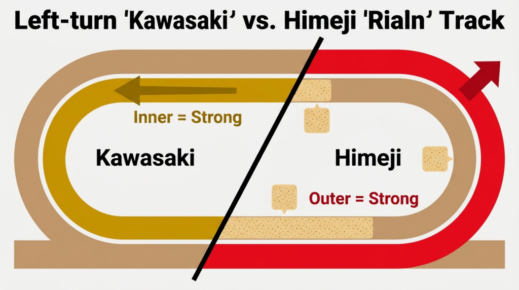 川崎競馬（内枠有利）と姫路競馬（外枠有利）を対比したコース図イラスト。枠順傾向データ解説記事のヘッダービジュアル。