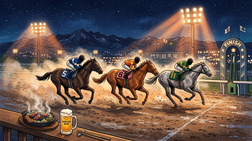 ナイター照明の門別競馬場ダート1600m最終直線を3頭並んで駆け抜ける3歳サラブレッドのイラスト、北斗盃2026の3歳クラシック開幕戦を象徴する疾走シーン。

