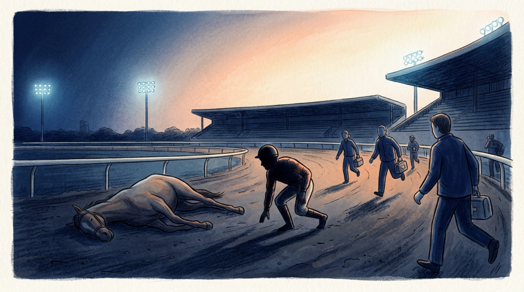 夜の地方競馬場第1コーナーで倒れた馬と立ち上がる騎手シルエットを描いたイラスト。