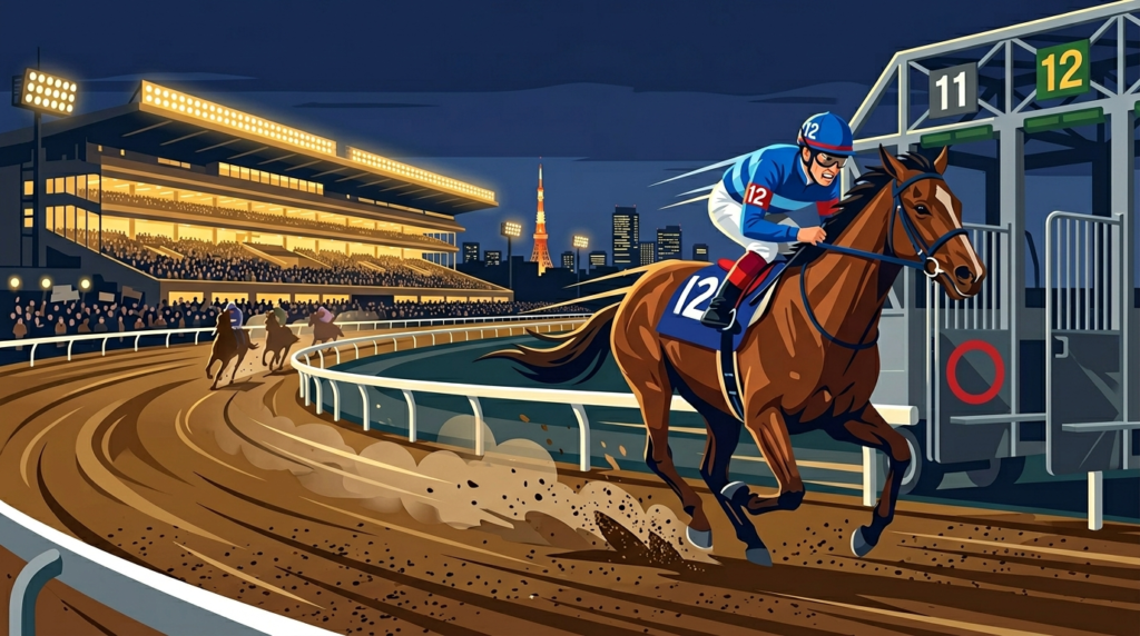 2026年羽田盃 大井競馬場ナイターレース、青い勝負服の騎手が外枠から迫力の追い込みを見せる競馬予想イラスト」