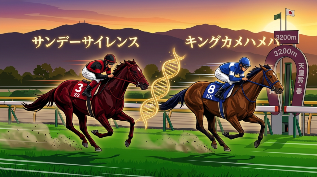 「天皇賞春2026血統分析イメージ。SS系（赤）とキングカメハメハ系（青）の2頭のサラブレッドが京都芝3200mで競り合い、血統のDNA螺旋が輝く競馬イラスト」