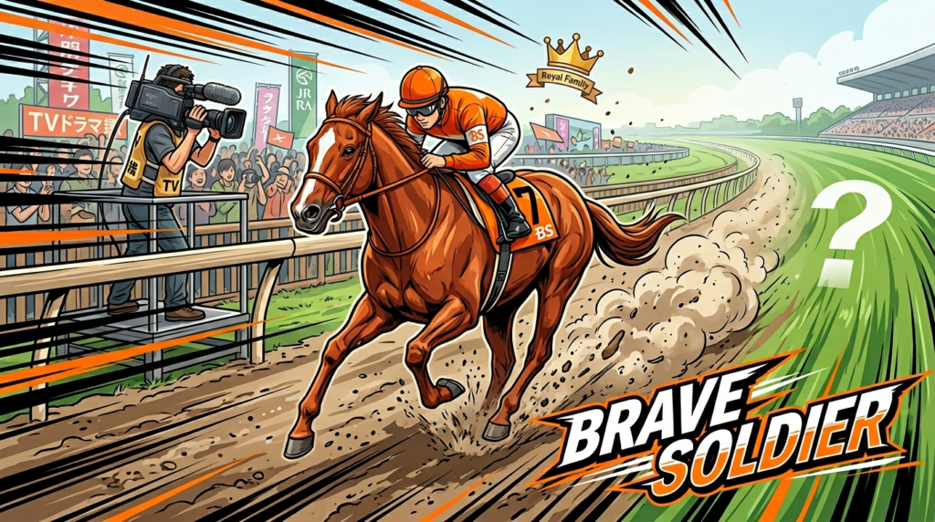 「ブレイヴソルジャー ダート初勝利 オレンジ勝負服 福島競馬場 ロイヤルファミリー役 イラスト」