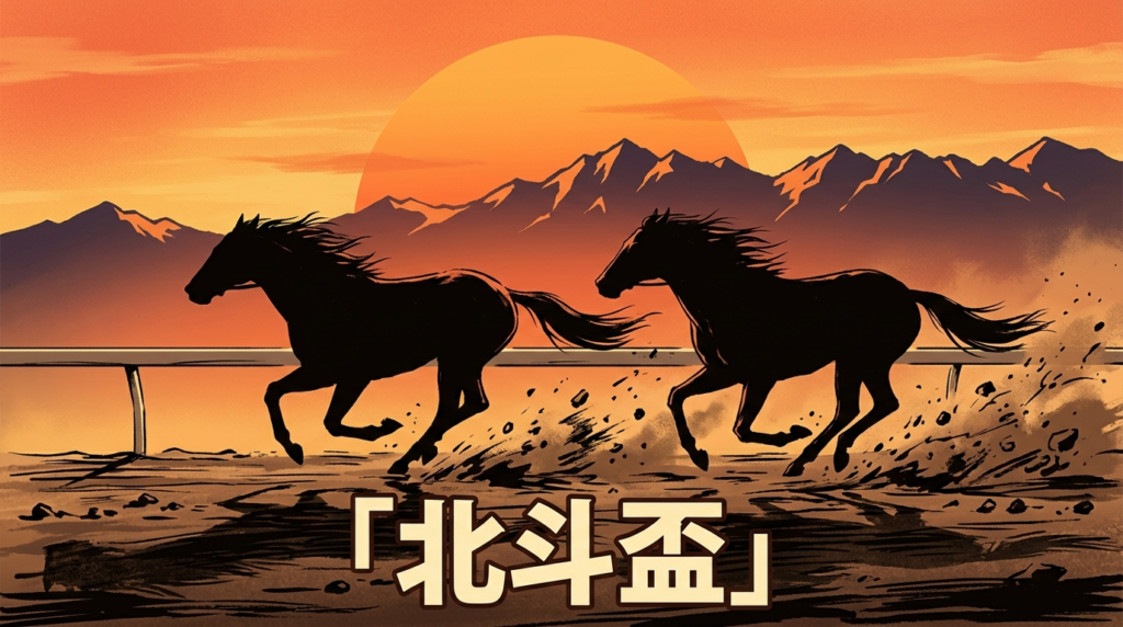 北海道・門別競馬場の夕暮れ、北斗盃を疾走する競走馬のイラスト
