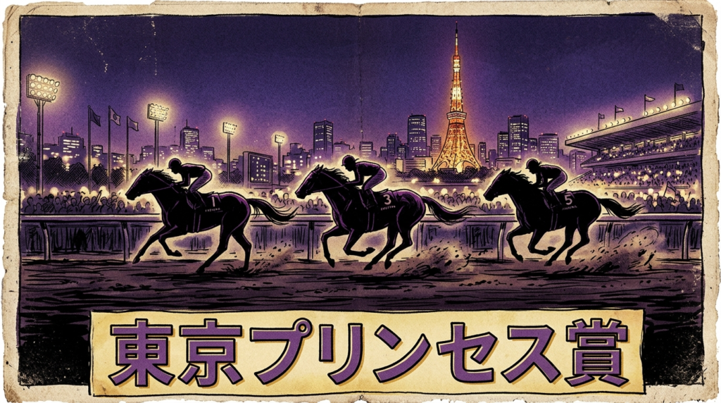 大井競馬場の夜景を背景に東京プリンセス賞を疾走する牝馬のイラスト

