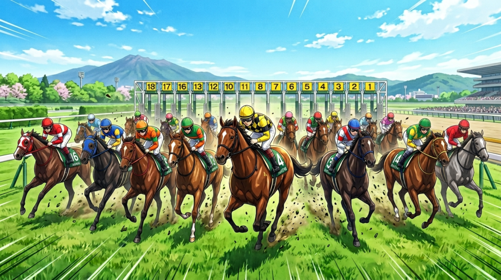 京都競馬場 天皇賞春2026 枠順確定 18頭スタートシーン イラスト