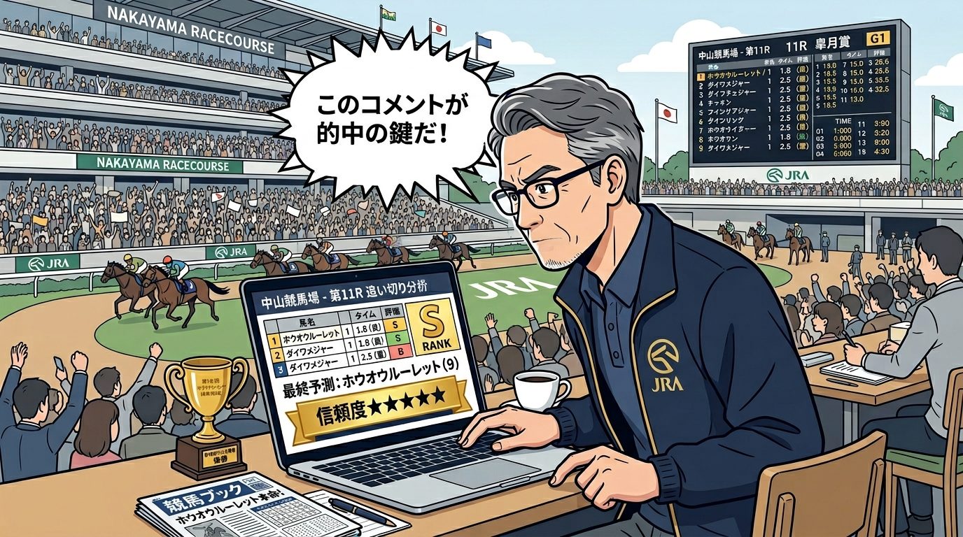 皐月賞2026追い切りコメントの信頼度をデータで分析する男性のイラスト