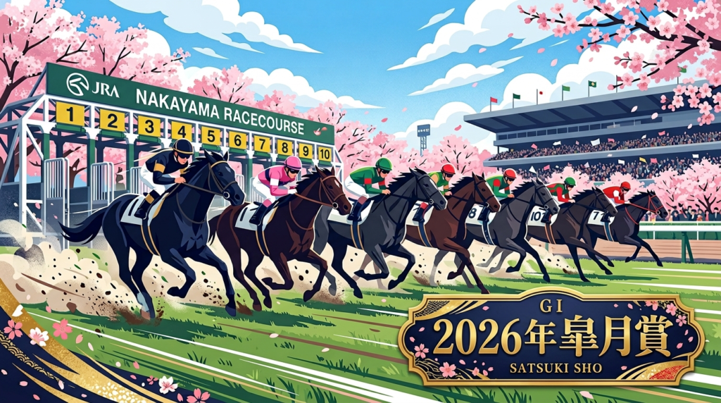 2026年皐月賞のゲートが開き競走馬が飛び出す春の中山競馬場イラスト