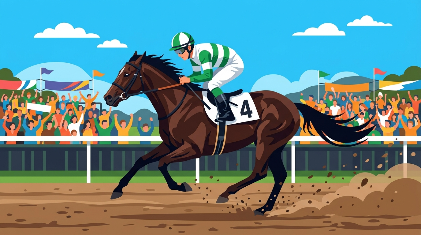 門別競馬場を駆けるジョッキーのイラスト｜石川倭騎手イメージ