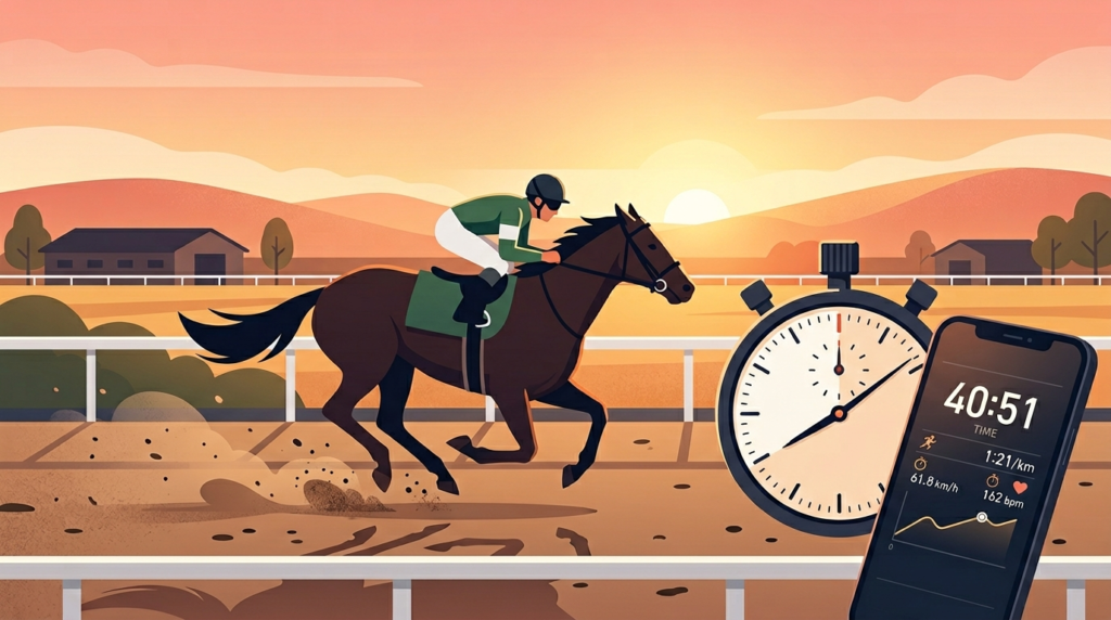 早朝のダートコースを駆ける競走馬とストップウォッチ、スマホに表示された調教タイムデータのイラスト