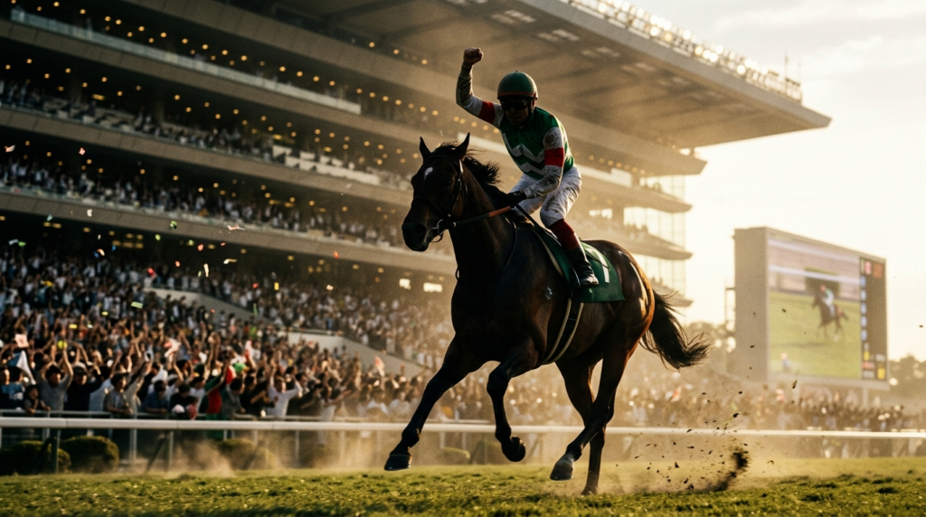 ウイニングランする松山弘平騎手のイメージ。勝負服を着た騎手がガッツポーズをしているシルエット。背景に競馬場のスタンドと歓声。