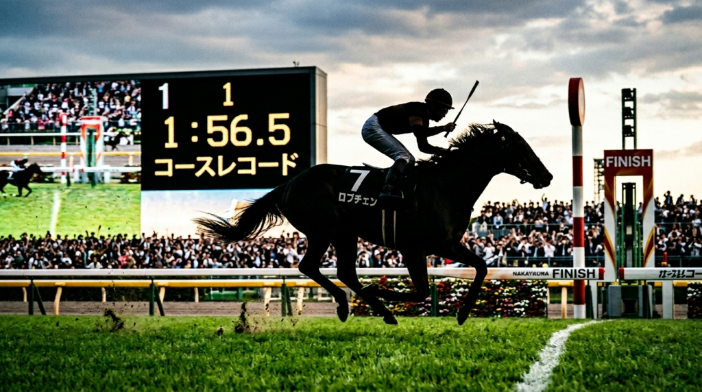 ゴール直後、先頭でフィニッシュするロブチェンと松山弘平騎手のシルエット。中山競馬場のターフと電光掲示板に「1:56.5 コースレコード」の表示。