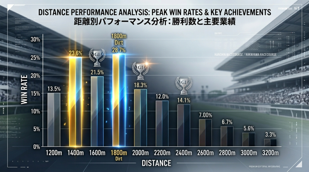 横軸に距離（1200m〜3200m）、縦軸に勝率を示す棒グラフ。1400mとダ1800mが最も高く光り、2500m以上が沈む。グラフ上部にGIトロフィーアイコンが1600m・2000m・2400mに配置される。背景に阪神と中山のスタンドをぼかし加工。