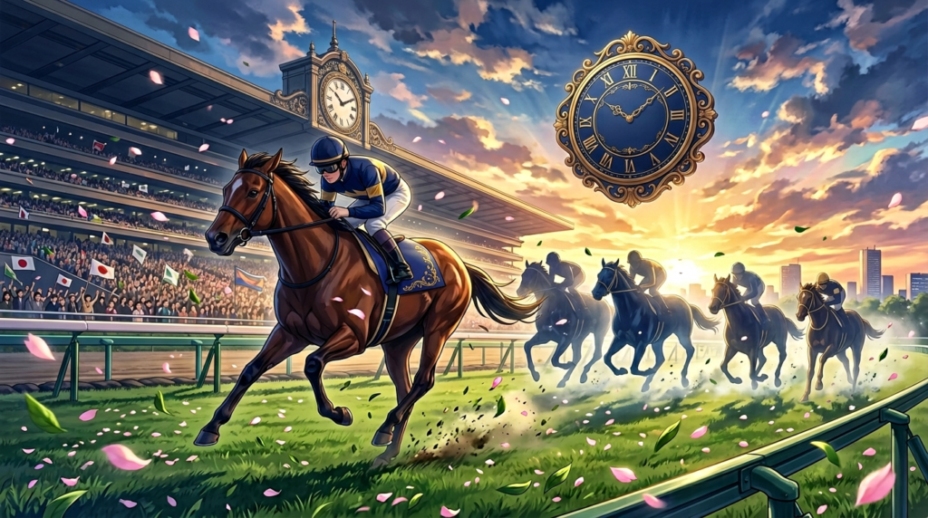 東京競馬場の芝コースを駆ける1頭のサラブレッドと、背景に浮かぶダービー2着に散った6頭のシルエット。青葉と桜吹雪が舞う中、40年の時を刻む時計が夕空に浮かぶイラスト

