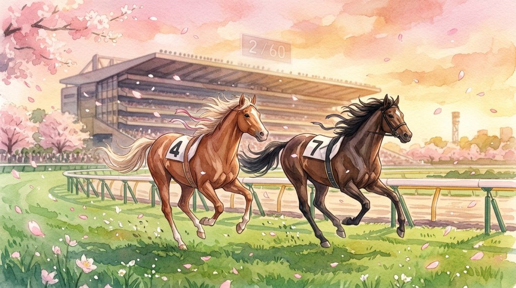 東京競馬場の芝コースを並んで駆ける2頭の牝馬と桜吹雪のイラスト。背景にフローラSからオークス制覇「2/60」の数字が浮かぶ春の夕暮れ。