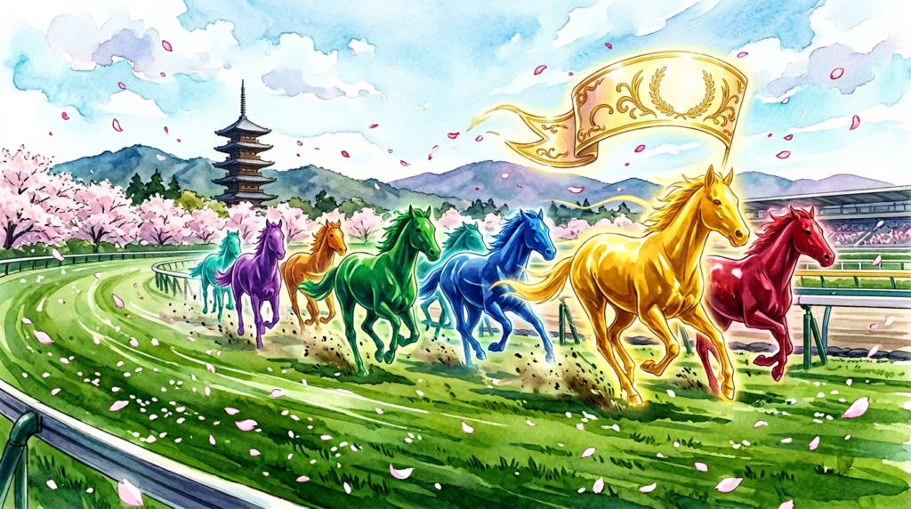 京都競馬場の芝外回りコースを駆け抜ける複数のサラブレッドのシルエット。各馬が年代別の宝石色に輝き、背景に京都の山並みと桜吹雪、頭上にG1の金文字が浮かぶイラスト。