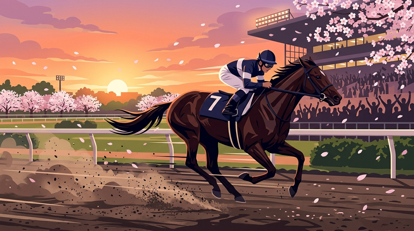 浦和競馬場のダートコースを疾走する牝馬のイラスト｜しらさぎ賞2026イメージ