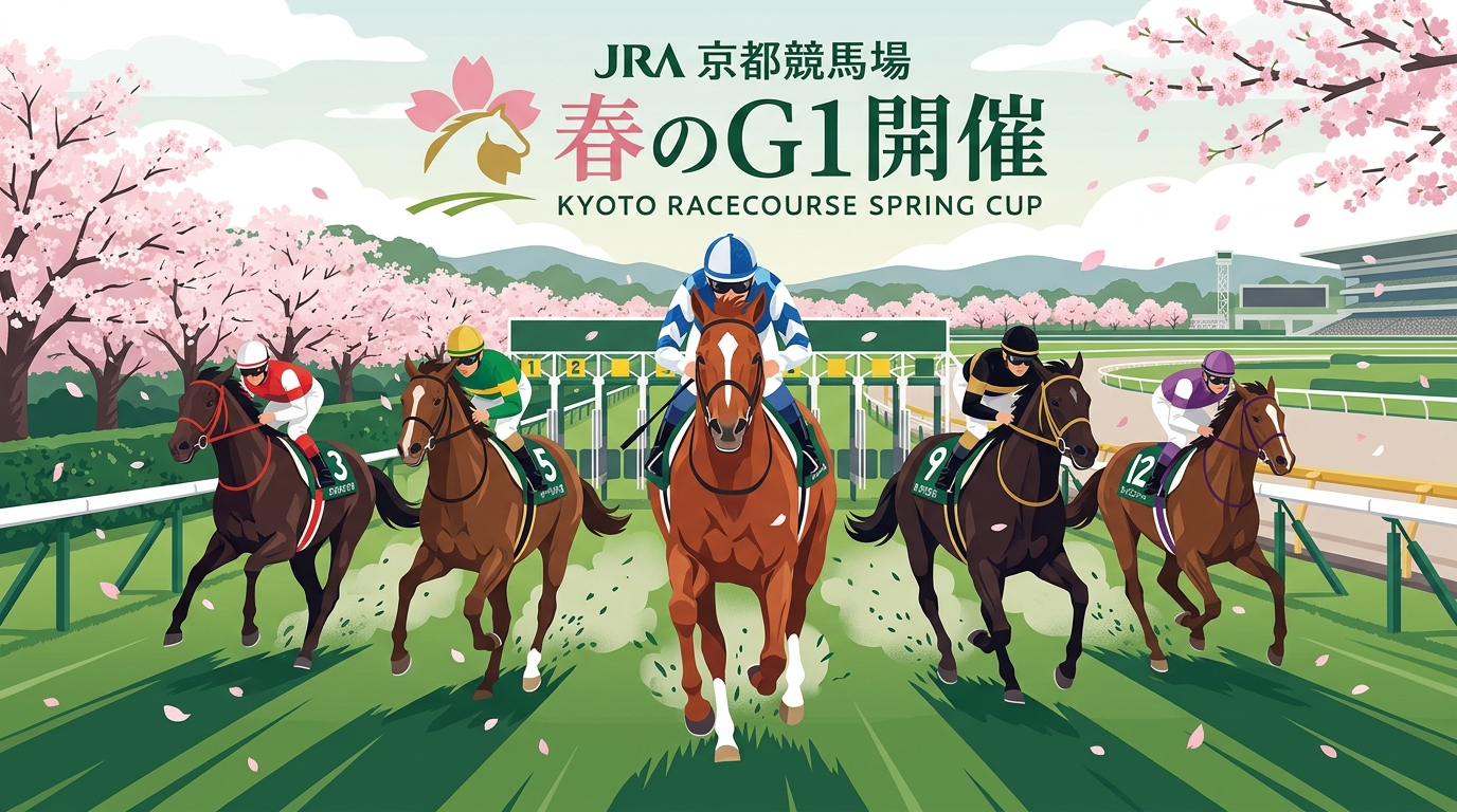 天皇賞春2026 出走全馬イメージイラスト｜京都競馬場・芝3200m・桜吹雪の中でスタートする競走馬たち
