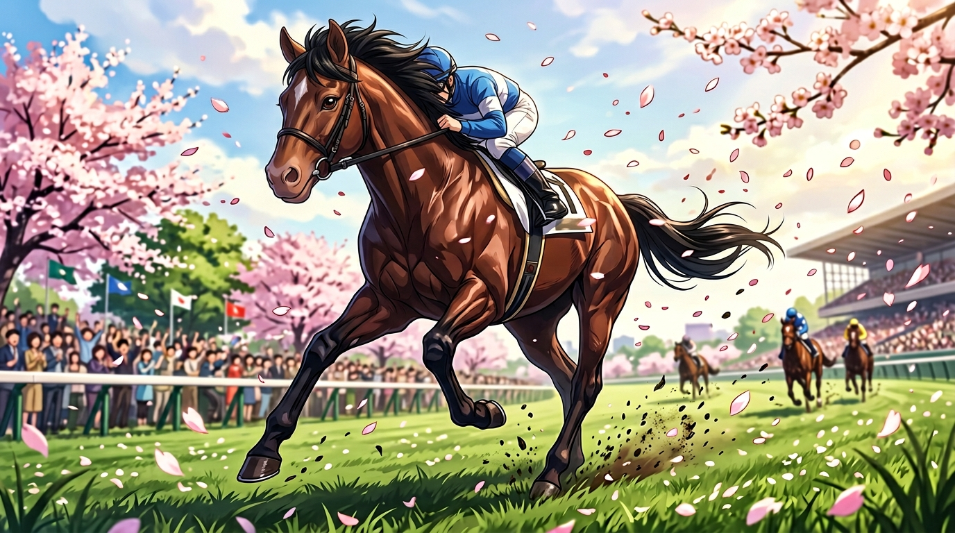 春の淀を力強く駆け抜ける牝馬のイラスト（天皇賞・春のイメージ）