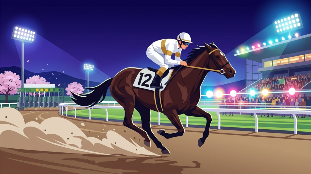 門別競馬場のナイターレースを疾走するサラブレッドのイラスト｜エトワール賞2026スペシャルエックスイメージ