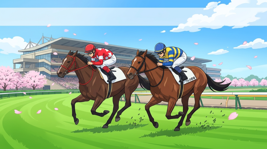 2026年4月25日 福島・京都競馬 追い切り評価に基づく平場予想のアイキャッチイラスト｜競走馬が芝コースを疾走する春競馬のイメージ
