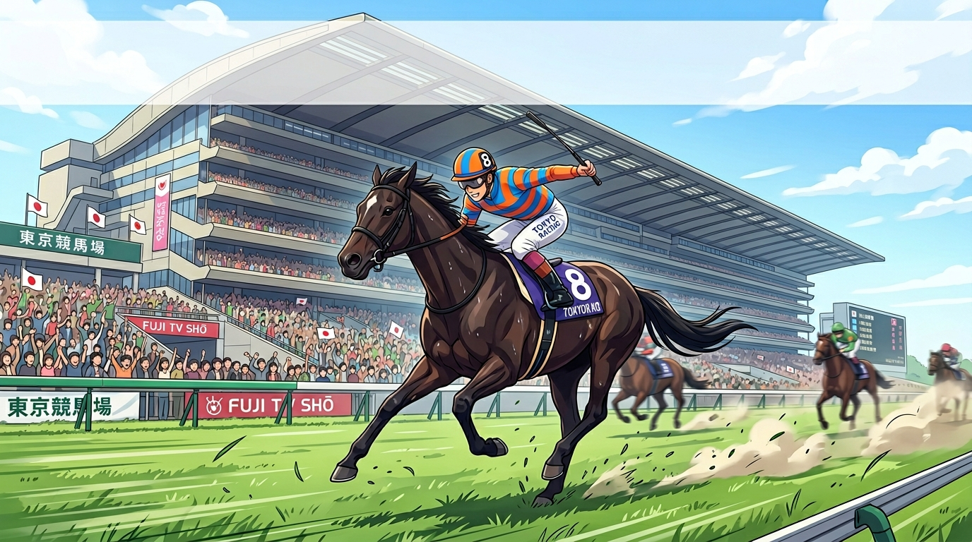 青葉賞2026予想 東京芝2400mを疾走する競走馬のイラスト｜本命ブラックオリンピアと穴馬の買い目をかめきちが徹底解説