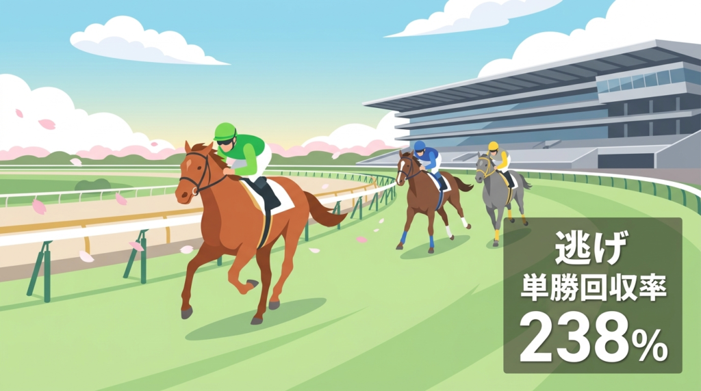 京都競馬場の3〜4コーナー下り坂から平坦な最終直線へ駆け下りる3頭の競走馬イラスト。逃げ馬が先頭を走り、桜吹雪と改修後のスタンドが背景に広がる。「逃げ 単勝回収率238%」のデータを重ねたデザイン。