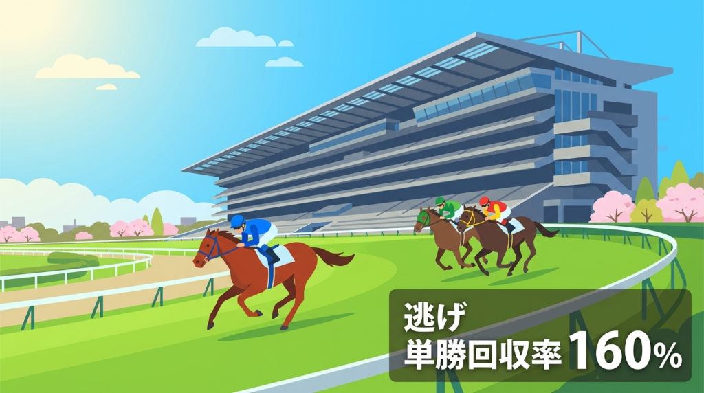 東京競馬場の長い最終直線と急坂を3頭の競走馬が駆け上がるイラスト。逃げ馬が先頭を走り、巨大なスタンドと青空が背景に広がる。「逃げ 単勝回収率160%」のデータを重ねたデザイン。