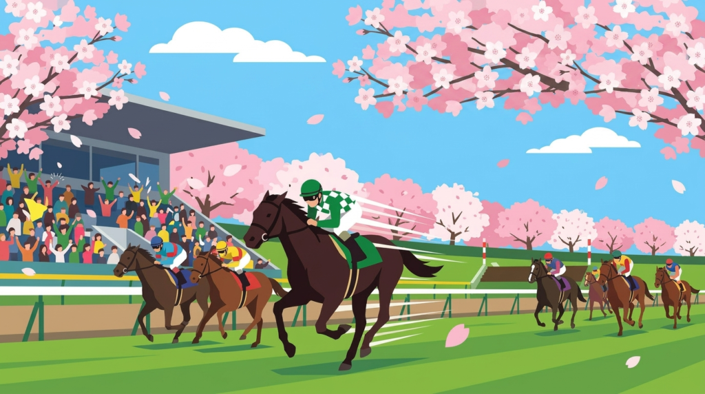 福島競馬場の直線で差し馬が先頭集団をかわす瞬間のイラスト。