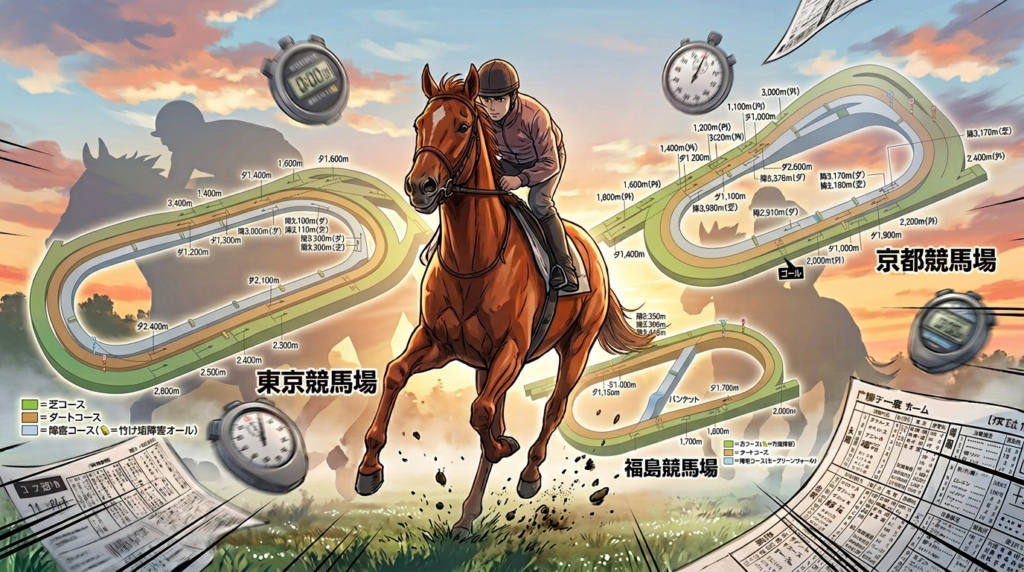 4月26日の東京・京都・福島3場の追い切り注目馬を描いた競馬予想イラスト

