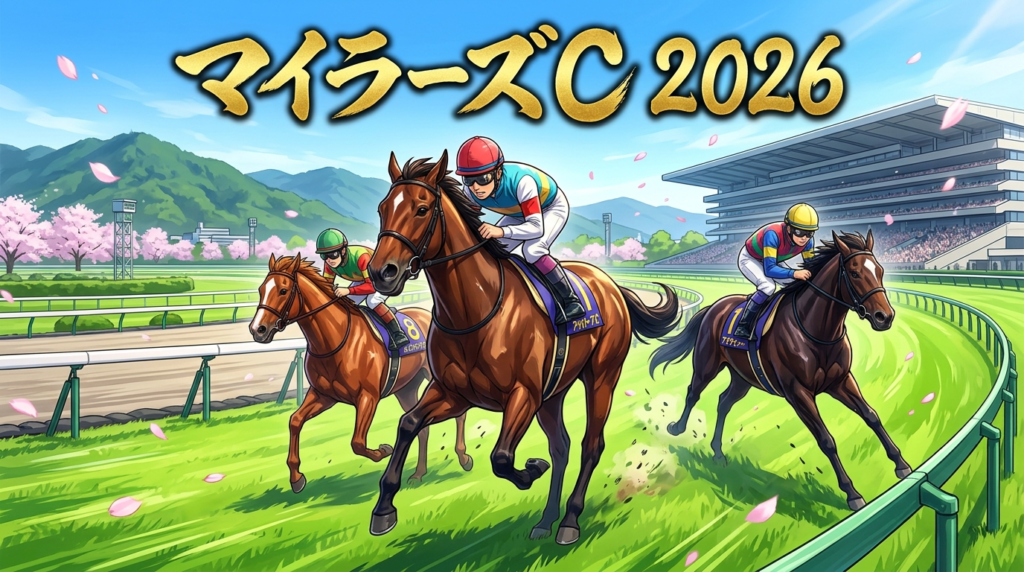 マイラーズC 2026 京都芝1600mを駆け抜ける推奨3頭シックスペンス・アドマイヤズーム・ベラジオボンドのイラスト

