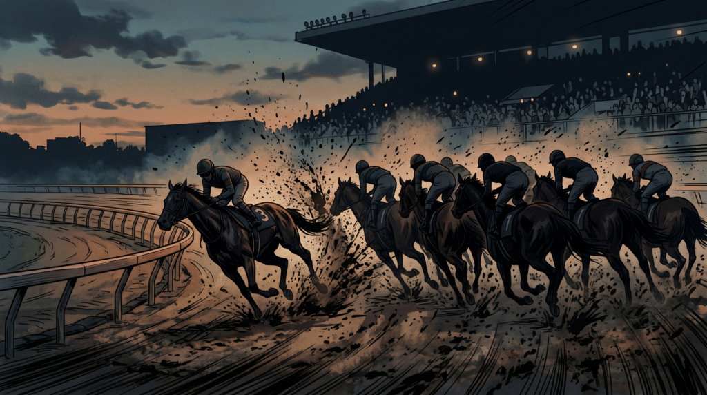 金沢競馬場のコーナーで多重落馬事故が発生した瞬間を表現したニュース記事用イラスト