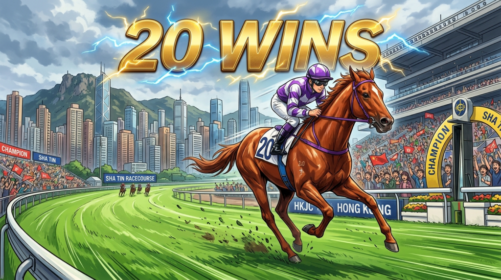 香港チェアマンズSPで20連勝を達成し独走するカーインライジングのイラスト