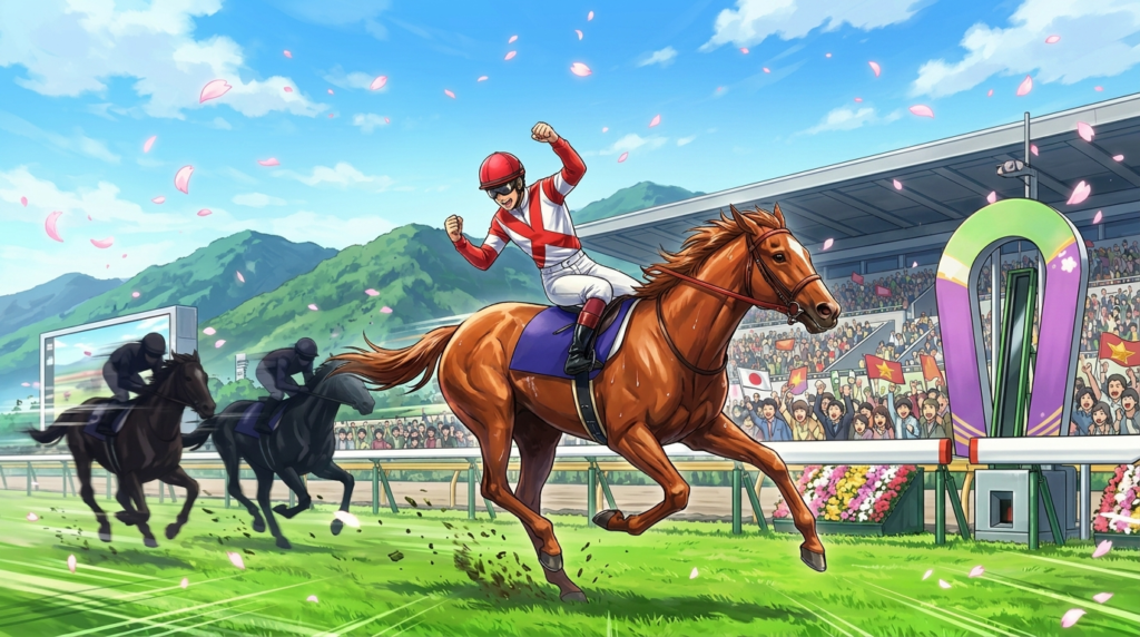 2026マイラーズCで早め先頭から復活Vを飾ったアドマイヤズームのイラスト