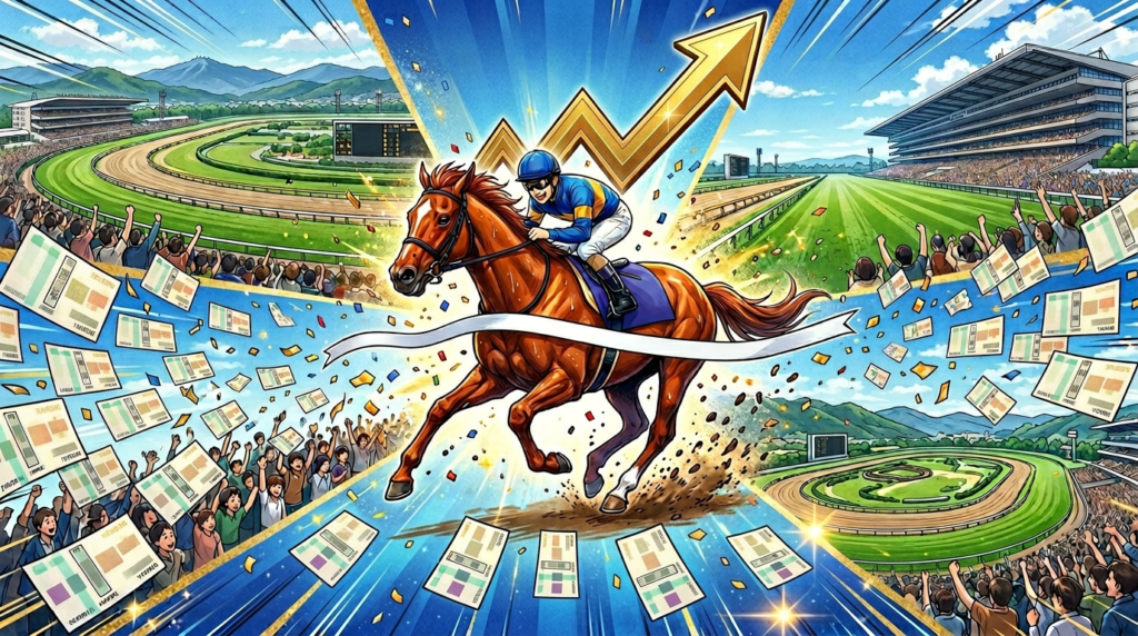 4月26日東京・京都・福島3場で本命5レース的中を表現した競馬回顧記事のイラスト