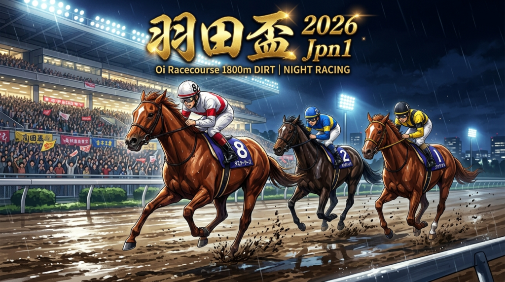 羽田盃2026 大井ダート1800mを疾走する注目馬ロックターミガン・リアライズグリント・トリグラフヒルのイラスト

