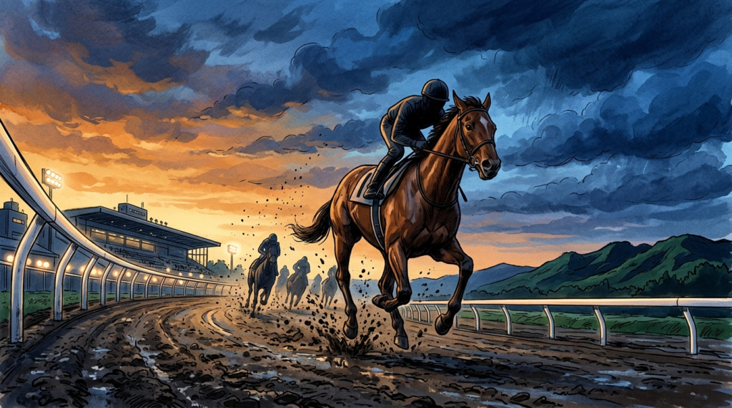 夕暮れの水沢競馬場ダートコースを駆け抜けるサラブレッドのイメージイラスト、栗駒賞2026の前残り馬場を象徴する疾走シーン
