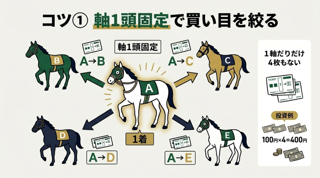 1着・2着候補4頭をピックアップして全組み合わせ買うイラスト