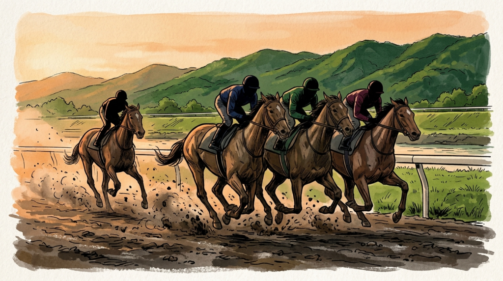 夕暮れの笠松競馬場ダート1400m最終直線を先行集団で駆け抜ける4頭の競走馬イラスト、飛山濃水杯2026の前残り展開を象徴する疾走シーン。