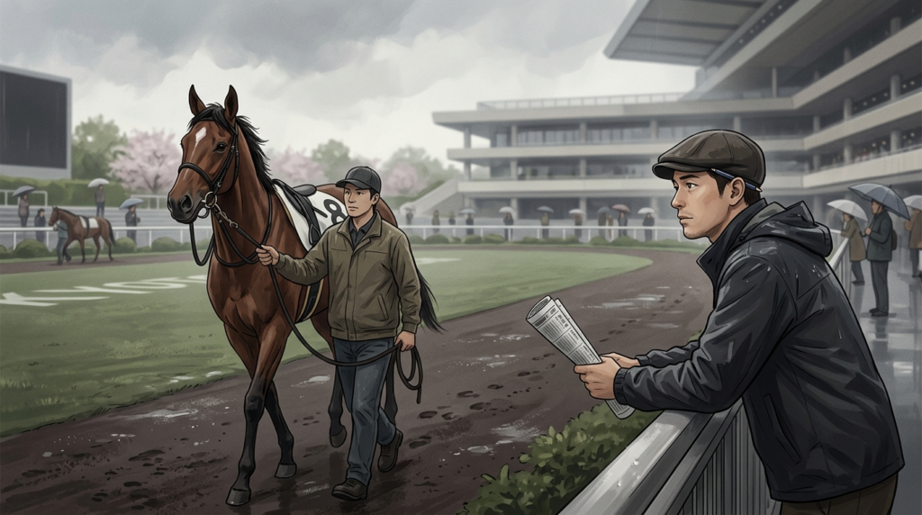 京都競馬場の雨上がりのダート1900mでユニコーンステークスに挑むコロナドブリッジをイメージした競馬予想イラスト
