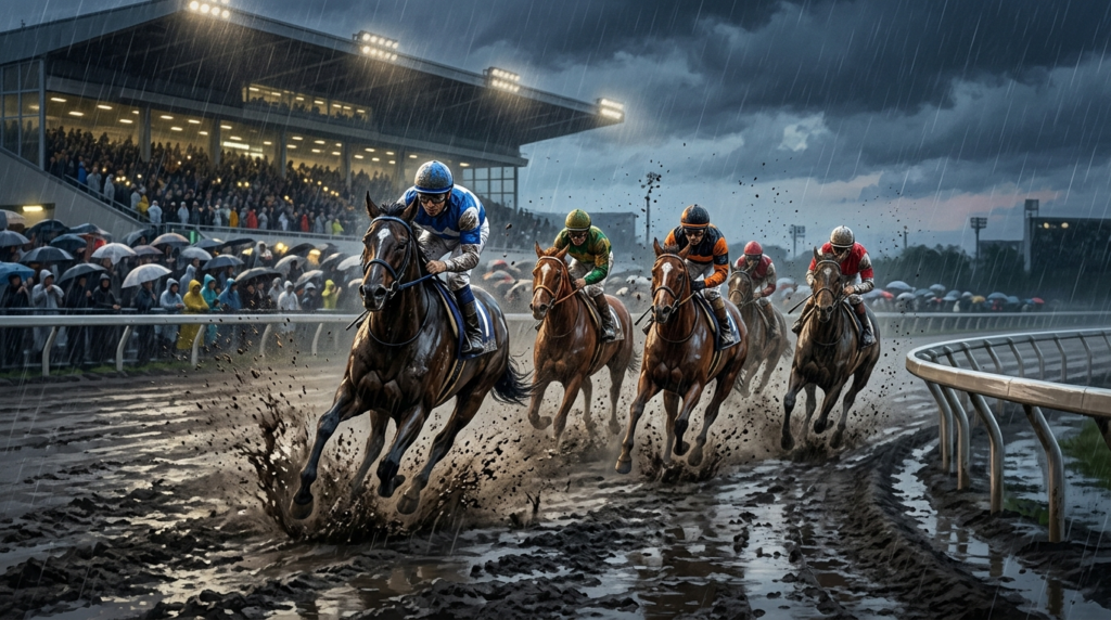 雨の佐賀競馬場で行われる佐賀皐月賞をイメージしたイラスト。不良馬場のダート1800mを3歳馬たちが走っている。

