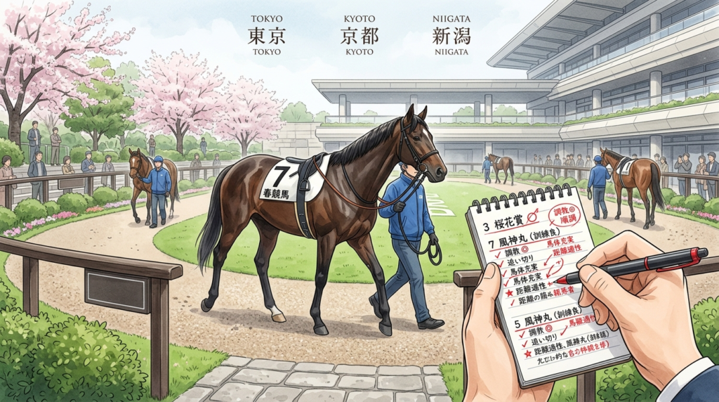 5月2日の東京・京都・新潟平場レースで調教注目馬を予想する競馬ブログ用イラスト
