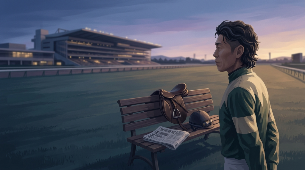 古川吉洋騎手の落馬負傷ニュースを表す、京都競馬場風のターフと騎手用ヘルメットを描いた競馬ニュース向けイラスト。