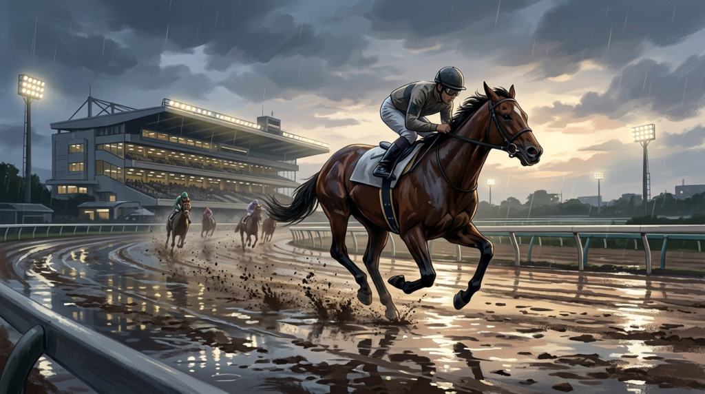 雨上がりの名古屋競馬場ダート2100mで、外枠から進出する競走馬を描いた名古屋グランプリ予想記事用イラスト。