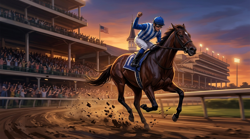 アメリカのダート競馬場で日本調教馬が直線を抜け出す、テーオーエルビスの米G1制覇をイメージした海外競馬ニュース用イラスト。
