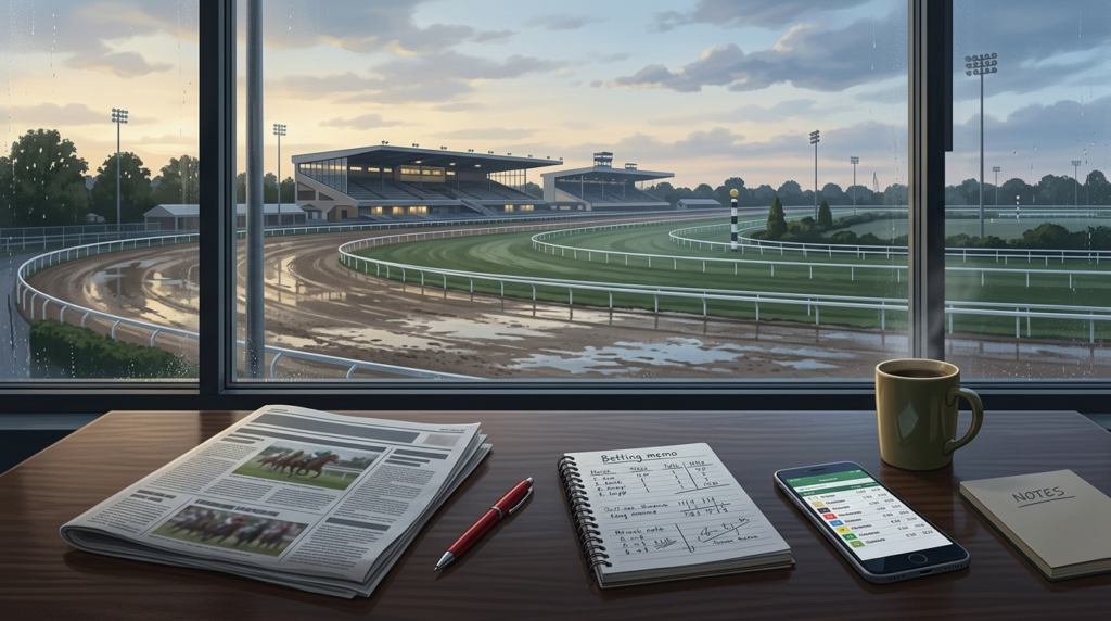 5月3日の競馬予想回顧を象徴する、競馬新聞と予想ノート、レース結果を確認するスマートフォンのイラスト。