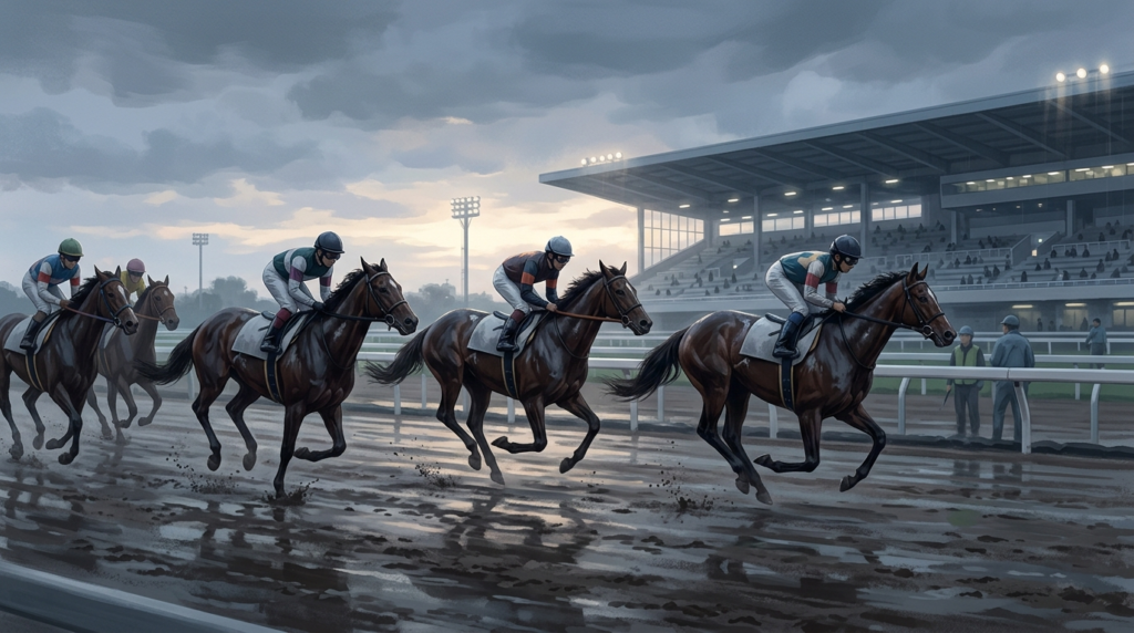 雨上がりの園田競馬場で、兵庫大賞典に出走する競走馬たちが湿ったダートコースを走るイラスト。